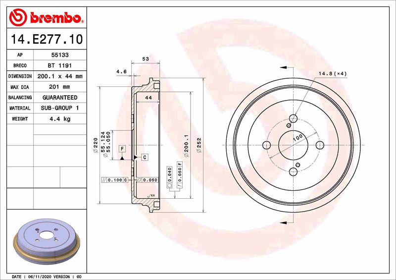 BREMBO 14E27710 Fren Kampanasi Toyota Yaris P13 12/10->-Toyota Yaris P9 01/05-12/14-Toyota Yaris-Vios Saloon P9
