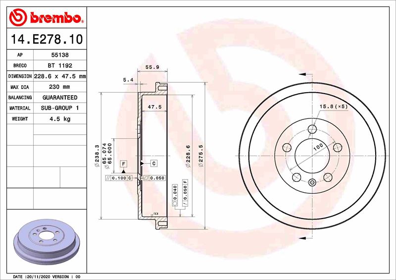 BREMBO 14E27810 Fren Kampanasi Skoda Rapid Nh3. Nk3. Nk6 07/12->-Skoda Rapid Spaceback Nh1 07/12-12/19-Vw Polo V