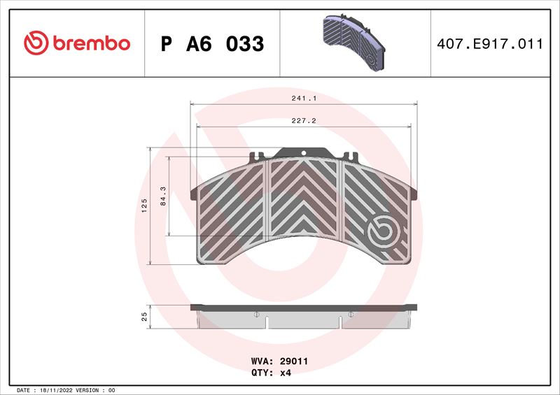 BREMBO PA6033 Fren Balatasi Iveco Eurocargo I-Iii 01/91-09/15-Iveco Eurostar 01/93-10/02-Iveco Eurotech Mh 01/98->
