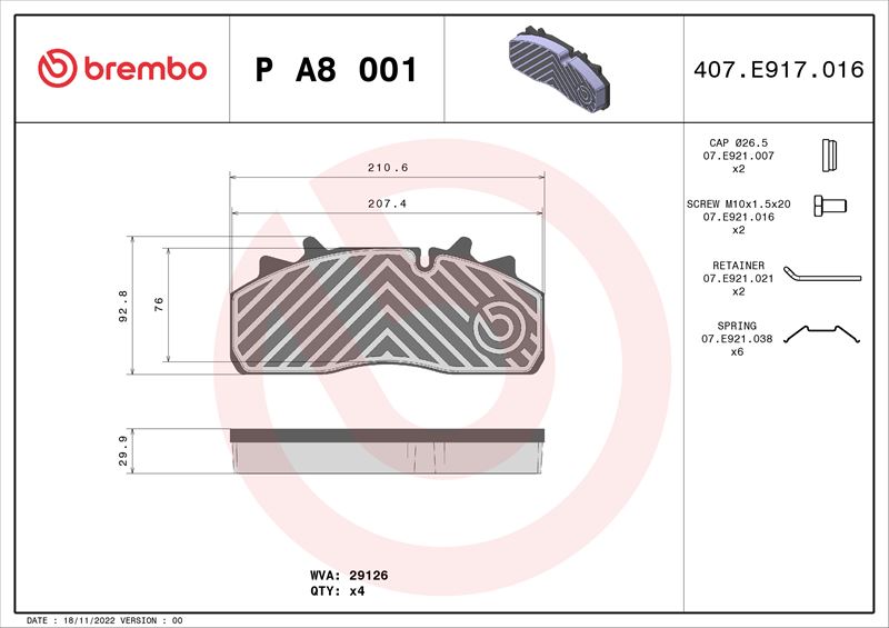 BREMBO PA8001 Fren Balatasi Daf Cf 05/13->-Daf Lf 05/13->-Daf Lf 55 01/01->-Fuwa K Hitch Kf ->-Fuwa K Hitch Kk ->-