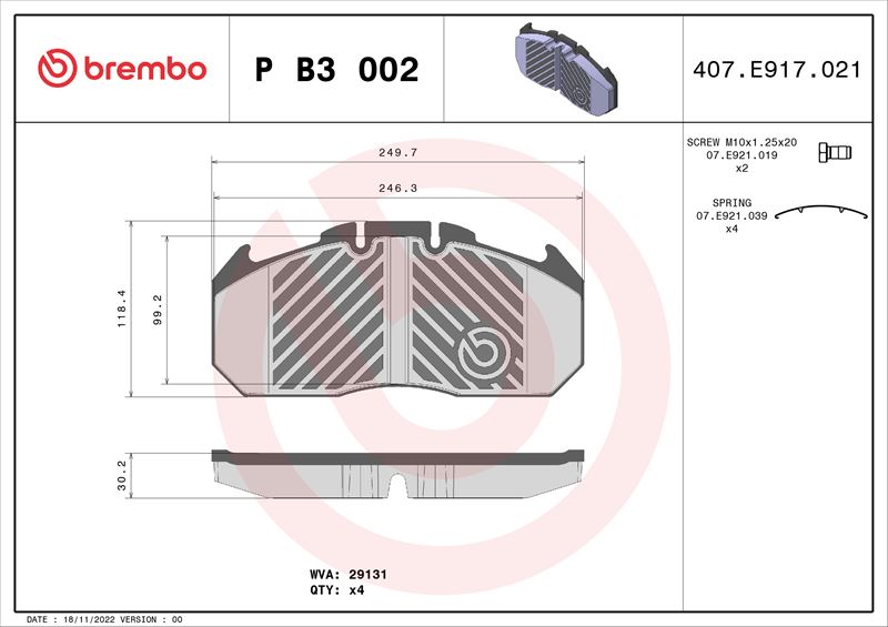 BREMBO PB3002 Fren Balatasi Erf Ecm 04/02->-Erf Ect 04/02->-Heuliez Gx 01/80->-Irisbus Access Bus 01/02-12/13-Iris
