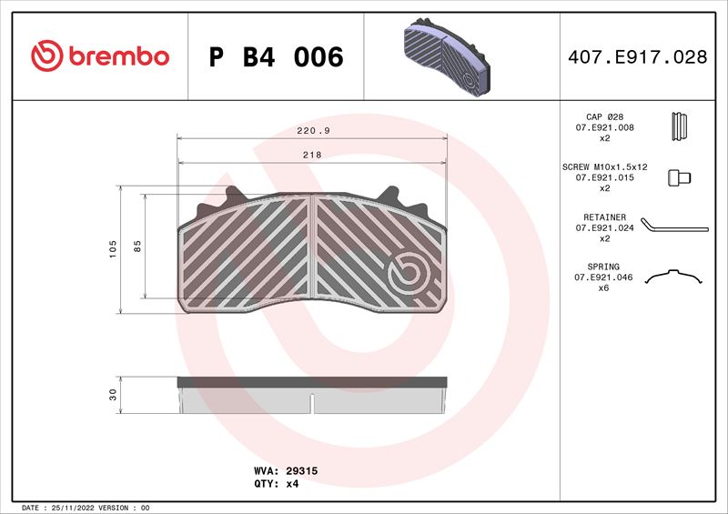 BREMBO PB4006 Fren Balatasi Mercedes-Benz Actros Mp4-Mp5 07/11->-Mercedes-Benz Antos 07/12-12/18-Mercedes-Benz Aro