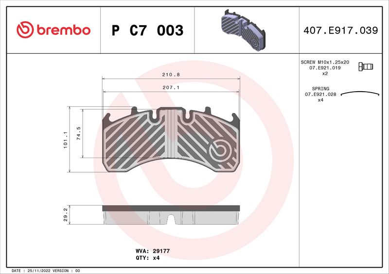 BREMBO PC7003 Fren Balatasi Meritor Lm ->-Meritor Lmc ->-Meritor Tac ->-Meritor Tm ->-Renault Trucks C 01/13->-Ren