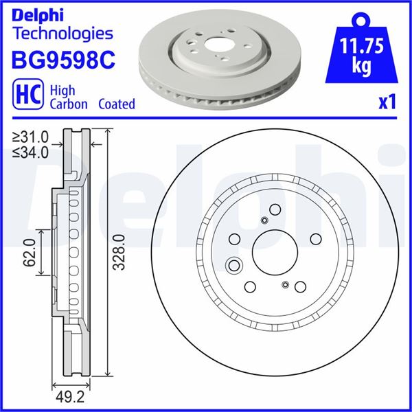 DELPHI BG9598C Fren Diski Tekli Paket - Boyali Delikli Lexus Nx Rz -Toyota Bz4x Ön 09-2021>