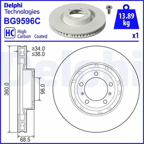 DELPHI BG9596C Kaplamali Fren Diski Tekli Hc Dv Fsx2 Audi E-Tron -Porsche Taycan Ön; Sol 05-2019>