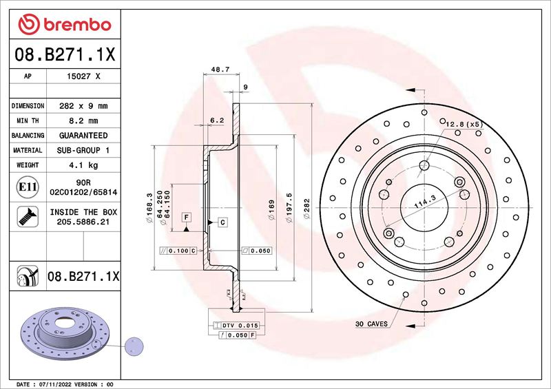 BREMBO 08B2711X Fren Diski Acura Gac Cdx 07-16->-Acura Tsx Cu 01-09->-Honda Dongfeng E:Ns1 Rs 04-22->-Honda Dongfeng Inspire Cv 10-18->-Honda Dongfeng Spirior Cu 07-09->-Honda Dongfeng Xr-V Ru 11-