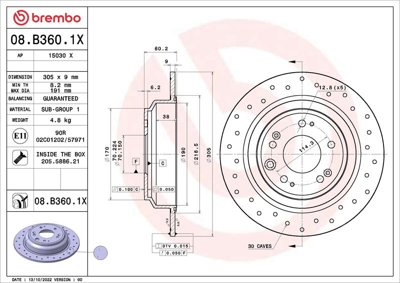 BREMBO 08B3601X Fren Diski Honda Accord Ix Saloon Cr 09-12->-Honda Accord Viii Cu 04-08->-Honda Accord Viii Esta Te Cw 07-08->