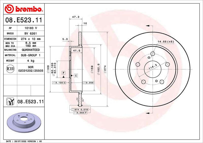 BREMBO 08E52311 Arka Fren Diski Dolu Tip Toyota Corolla 1.2l 8nrfts Nre210 19-> / 1.6l 1zr-Fae Zre210 19-> / 1.8l 2zr-Fxe Hybrid Zwe211 19-> / 1.5l M15a-Fks Mzea11 21-> 274 Çap X 5 Bijon - Adet Disk Fiyatıdır