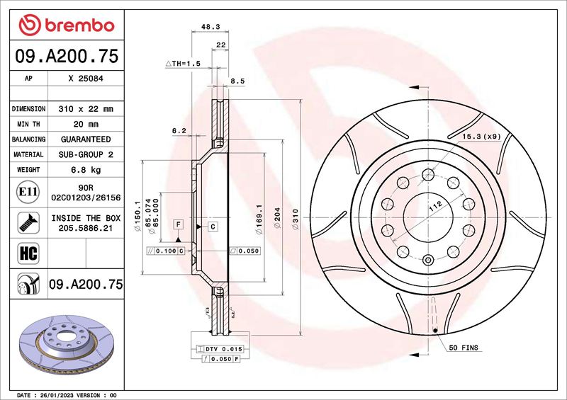 BREMBO 09A20075 Arka Fren Aynasi Golf V-Vi-Passat 07/05>Variant 05>Eos 06>A3 03>Scirocco 08> 310x22x9dlxhavali