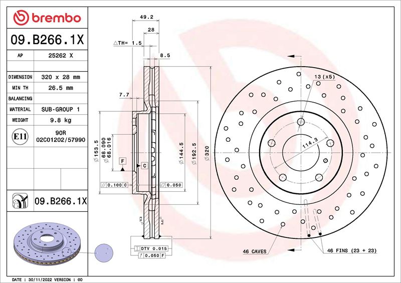 BREMBO 09B2661X Ön Fren Diski Hava Kanalli - Delikli Nissan Murano 3.5l Vq35 Z50 03-> 320 Çap X 5 Bijon - Adet D Isk Fiyatıdır