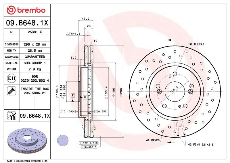 BREMBO 09B6481X Fren Diski Honda Dongfeng Cr-V Re 03-07->-Honda Dongfeng Cr-V Rm 02-12->-Honda Gac Crossto Ur Tf 10-10->-Honda Crosstour I 09-09->-Honda Cr-V Iii Re 06-06->-Honda Cr-V Iv Rm 01-12->