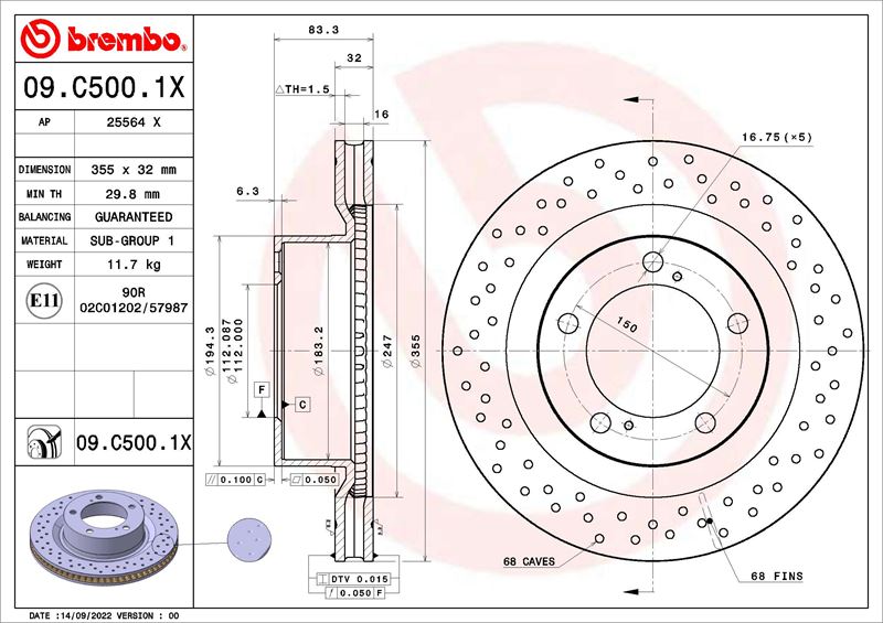 BREMBO 09C5001X Fren Diski Lexus Lx J2 08-07->-Toyota Faw Land Cruiser 200 J20 12-07-12-17-Toyota Land Cruiser 200 J2 08-07->-Toyota Sequoia K6 11-07->-Toyota Tundra Pickup K5. K6 11-06->