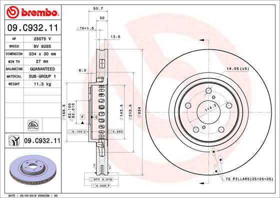 BREMBO 09C93211 Fren Diski Lexus Gs L1 08-11->-Lexus Gs S19 01-05-12-12-Lexus Is Ii E2 08-05-04-13-Lexus Is Ii I E3 04-13->-Lexus Rc C1 08-14->