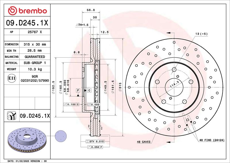 BREMBO 09D2451X Fren Diski Subaru Legacy Vi Bn. Bs 01-15->-Subaru Levorg 03-15->-Subaru Outback Br 06-09->-Subar U Outback Bs 10-14->-Subaru Outback Bt 09-19->-Subaru Wrx Saloon Gj 07-11->