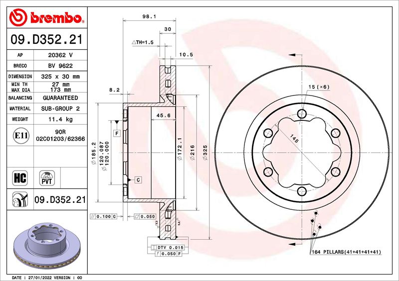 BREMBO 09D35221 Fren Diski Man Tge Bus 02-17->-Man Tge Platform-Chassis Uz 11-16->-Man Tge Van 02-17->-Vw Crafter Bus Syi. Syj 09-16->-Vw Crafter Platform-Chassis Sz 11-16->-Vw Crafter Van Sy. Sx 09-16->-Vw G
