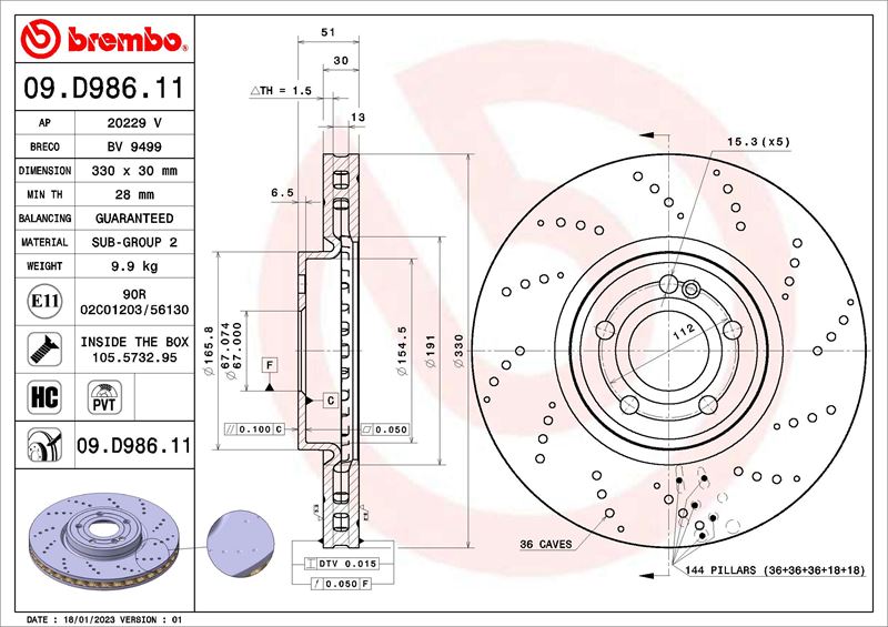 BREMBO 09D98611 Fren Diski Mercedes A-Class W177 03-18->-Mercedes A-Class Saloon V177 09-18->-Mercedes B-Class S Ports Tourer W247 12-18->-Mercedes Cla C118 03-19->-Mercedes Cla Shooting Brake X118 06-19->-M