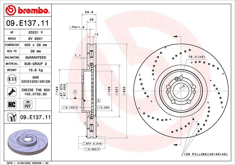 BREMBO 09E13711 Fren Diski Mercedes Gle V167 10-18->-Mercedes Gle Coupe C167 11-19->-Mercedes Gls X167 04-19->