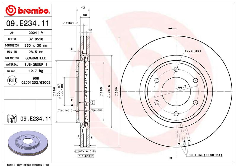 BREMBO 09E23411 Fren Diski Infiniti Qx56 01-10->-Infiniti Qx56 09-03-12-10-Infiniti Qx80 08-13->-Nissan Armada Ta60 08-03-12-15-Nissan Patrol Vi Y62 04-10->-Nissan Titan A60 10-03->
