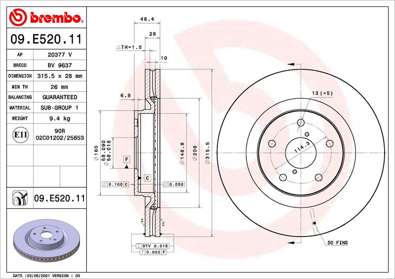 BREMBO 09E52011 Fren Diski Subaru Forester Sk 04-18->