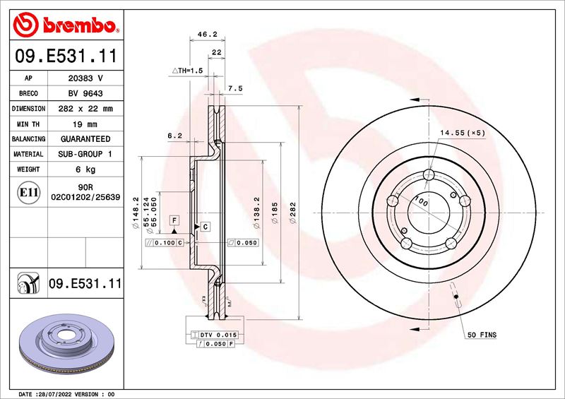 BREMBO 09E53111 Fren Diski Toyota Yaris P21. Pa1. Ph1 02-20->