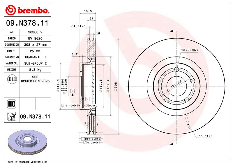 BREMBO 09N37811 On Fren Disk Ayna Kuga Iii Dfk 19> Focus Iv 19>