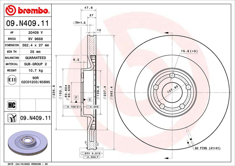 BREMBO 09N40911 Fren Diski Ön Ford Mustang Mach-E 20> Elektirkli Model