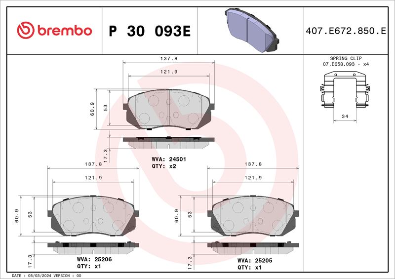 BREMBO P30093E Fren Balata Takimi Hyundai Kona Os. Ose. Osi 06-17->-Kia Niro I De 09-16-08-22