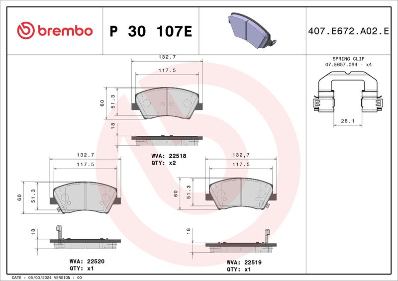 BREMBO P30107E Fren Balata Takimi Hyundai Ioniq Ae 03-16->