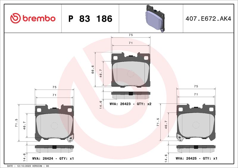 BREMBO P83186 Fren Balata Takimi Toyota Yaris P21. Pa1. Ph1 02-20->