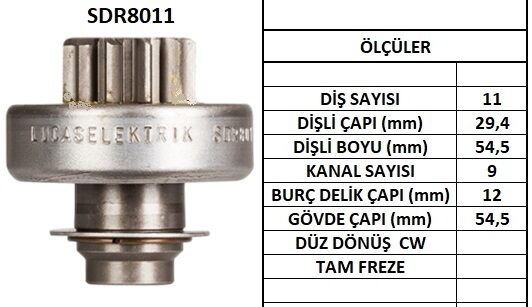 LUCAS SDR8011 Marş Dişlisi 11 Diş-9 Kanal Zen 1023 Peugeot-Citroen-Renault Partner-Berlingo-P405d Volvo Jpx Jeep
