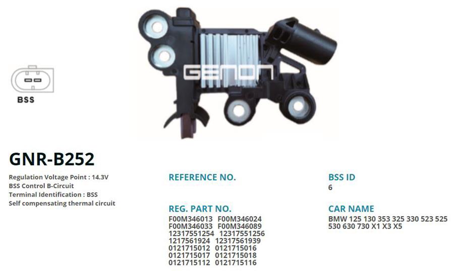 GENON B252 12v Bmw 116-118-120-316-318-320-325-330-520-530 -630-X3-X5 Bss