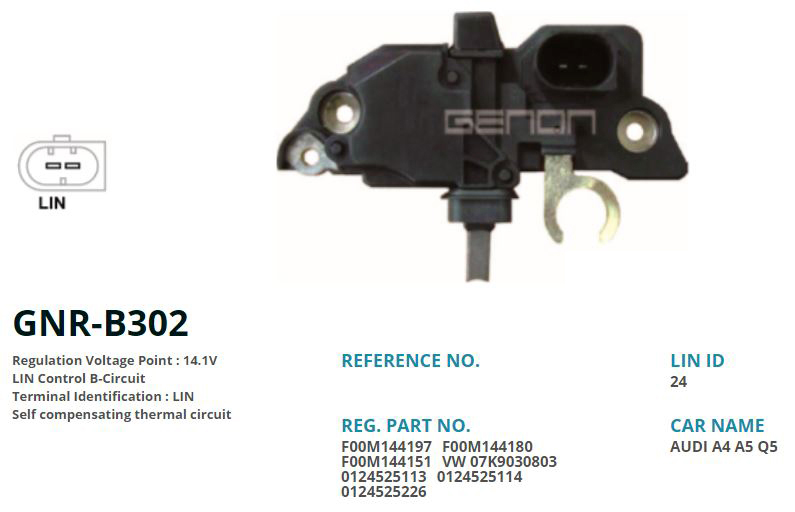 GENON B302 12v Audi A3-A4-A5-Q3-Q5-Man Tge-Seat-Skoda-Vw Amarok-Caddy-Golf-Passat-Crafter Lin
