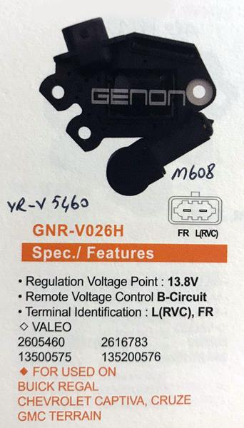 GENON V026H 12v Chevrolet Malibu-Captiva-Cruze-Gm L Rvc Fr