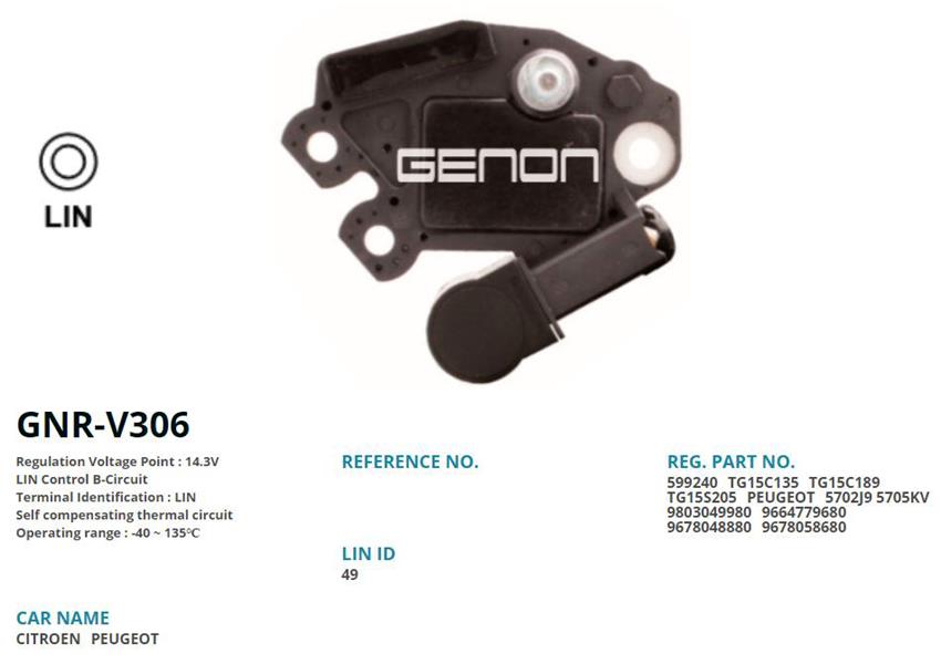 GENON V306 12v Citroen Berlingo-C4-C5-Jumpy-Ds4 1.6 Hdi-Peugeot 207-3008-5008-Expert-Partner 1.6 Hdi Lin