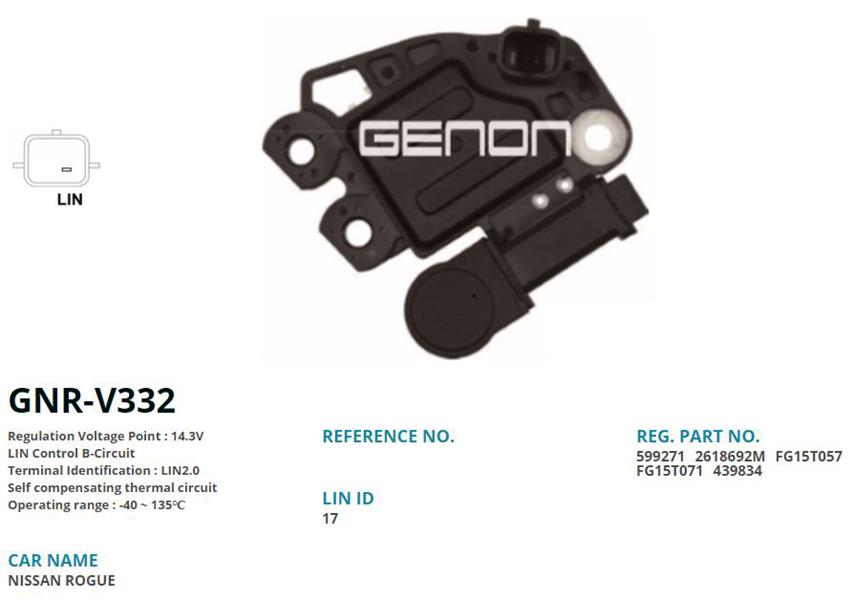 GENON V332 12v Renault Clio-Megane-Fluence-Talisman-Kadjar-Trafic/ Opel Vivaro-Nissan Qashqai-X-Trail-Dacia Dok