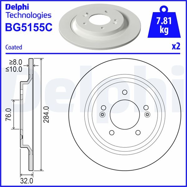 DELPHI BG5155C Fren Diski Çiftli Paket -Boyali. Deliksiz-Yüksek Karbon Arka Hyundai-Hyundai Beijing -Kia-Kia Dyk