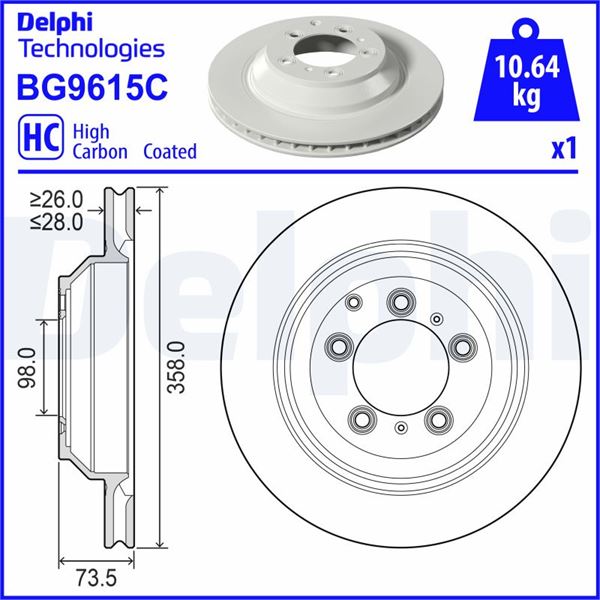 DELPHI BG9615C Fren Diski Tekli Paket -Boyali. Deliksiz-Yüksek Karbon Arka Audi-Porsche