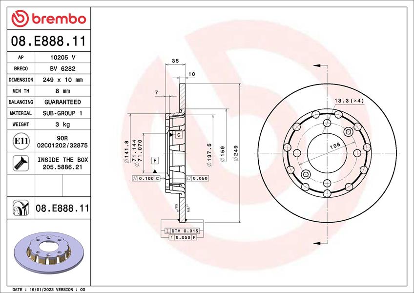 BREMBO 08E88811 Arka Fren Aynasi Corsa F 19> Mokka 20> 208 19> 2008 19> C4 20> Ds3 18> 249x35x4dl Dolu