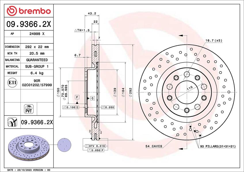 BREMBO 0993662X Fren Diski Alfa Romeo 159 939 06-05-12-12 - Alfa Romeo 159 Sportwagon 939 06-05-12-12 - Alfa R Omeo Brera 939 01-06-05-11 - Alfa Romeo Spider 939 03-06-03-11