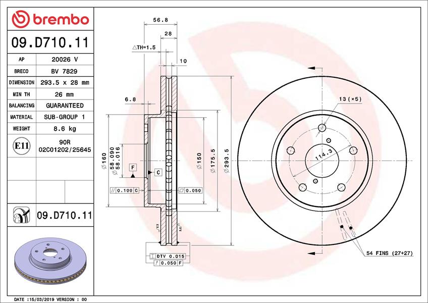 BREMBO 09D71011 Fren Diski Subaru Legacy Vi Bn-Bs 01-15-> - Subaru Levorg 03-15->