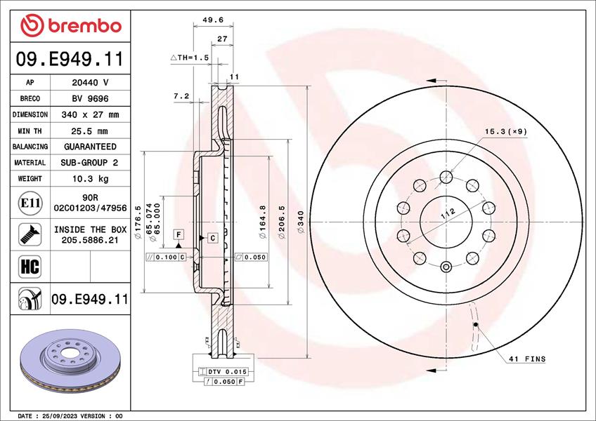BREMBO 09E94911 Fren Diski Audi Q4 Sportback F4n 06-21-> - Audi Q4 Suv F4b 07-20-> - Cupra Born K11 08-21-> - Skoda Enyaq İv Coupe 5ac 07-21-> - Skoda Enyaq İv Suv 5az 10-20-> - Vw Id.4 E21 05-20-> - Vw I