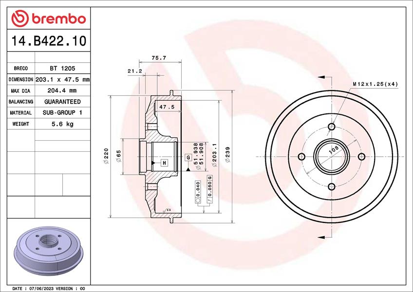 BREMBO 14B42210 Arka Fren Kampanasi Rulmansiz Peugeot P208 12>19 P301 12> Citroen C3 16> C4 14> C-Elysee 12> Ds3 1 3>19