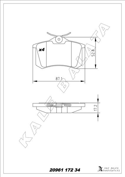 KALE 20961 172 34 ANS KD13 Arka Balata Fluence-Megane Ii-Iii-P207-P308-P307-Partner-Berlingo-C2-C3-C4-Crossland- Bora-Passat 97 >Golf Iv-V-Polo 87x52.9x17