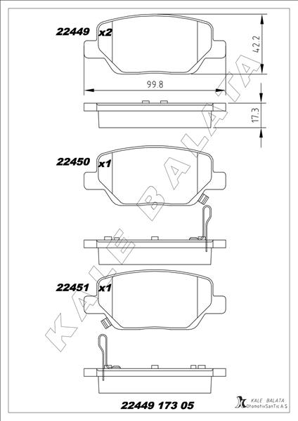 KALE 22449 173 05 ANS KD13 Arka Balata Fiat Egea 16> 1.3d Mtj 1.4 1.6e-Torq 1.6d Mtj