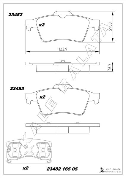 KALE 23482 165 05 ANS KD13 Arka Balata Renault Laguna Ii 01>07 Megane Ii 02>08 Latitude 11> Vectra C 03>Focus Ii 05>Connect 06> Cmax 06> Primera 02>