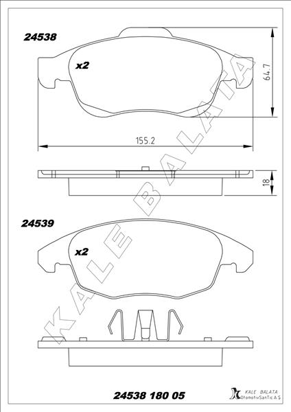 KALE 24538 180 05 ANS KD13 Ön Fren Balatasi Peugeot Partner 08>11 P5008 09>17 Citroen Berlingo 08> C4 Picasso 06>15 Ds4 11>18 D S5 15>18 283mm