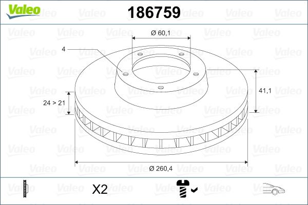 VALEO 186759 Ön Fren Aynasi Corsa C - Combo C 01>11 Meriva A 03>10 Tigra 04>09 260x24x4dl Havali
