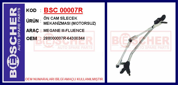 BSC 00007R Cam Silecek Mekanizmasi Renault Megane Iii 09> Fluence 09> Motorsuz