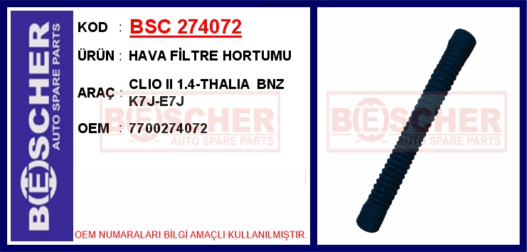 BSC 274072 Hava Filtre Hortumu Clio Ii 1.4-Thalia Bnz K7j-E7j