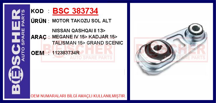 BSC 383734 Motor Takozu Sol Alt Nissan Qashqai Ii 13> Renault Megane Iv 15> Kadjar 15> Talisman 15> Grand Scenic 15> 1.2 Tce 1.3 Tce 1.5 Dci 1.6 Dci